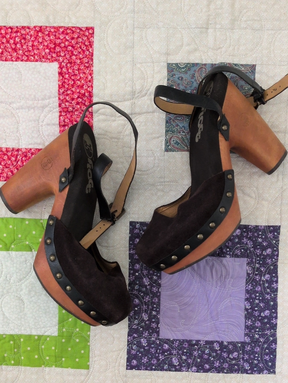 Studded Black Suede Platform Clogs with Tan Wood Heel